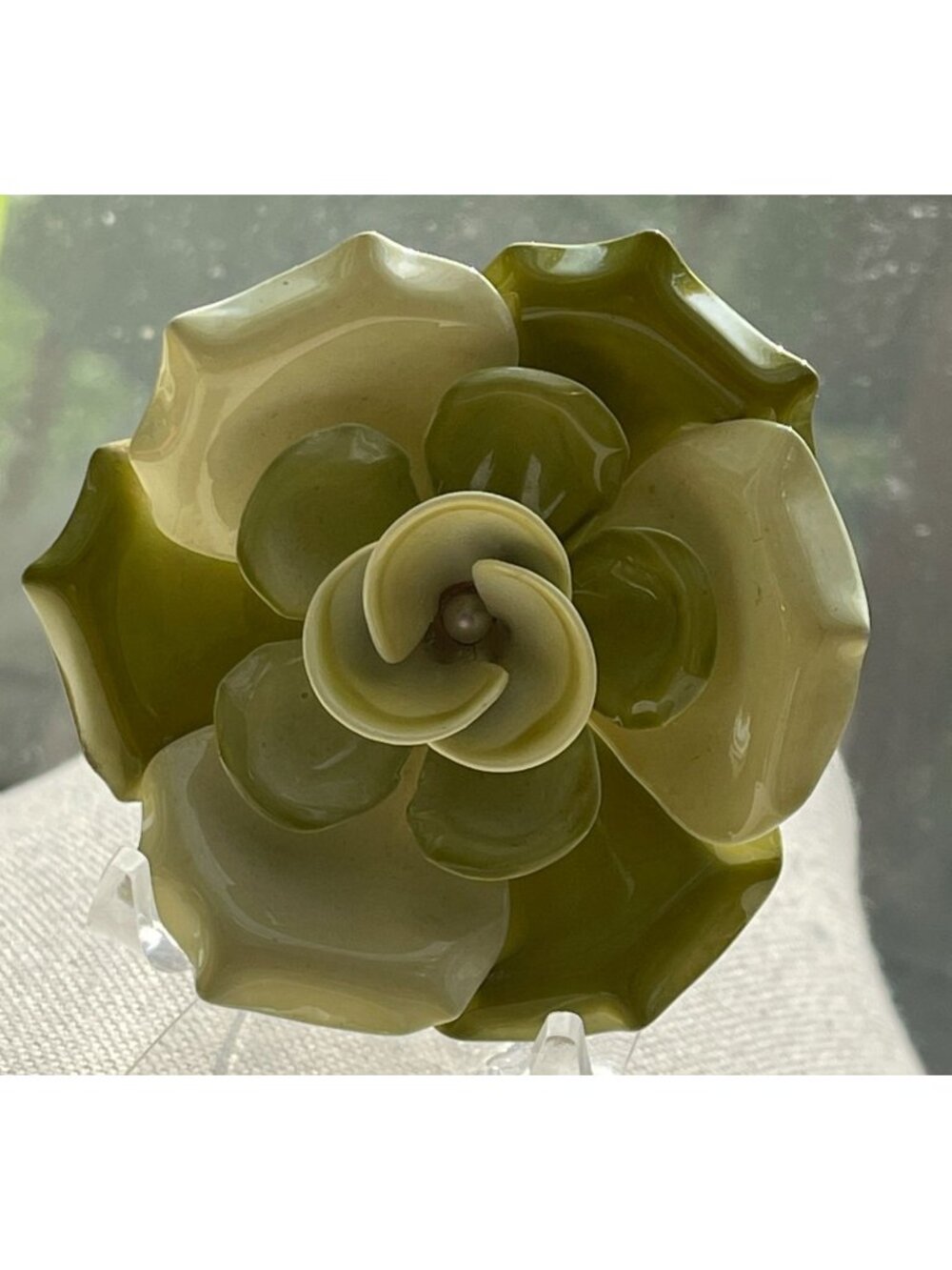 Vintage 1960s Retro Green Enamel Flower Power Brooch Pop Art Style Petal Over Pe